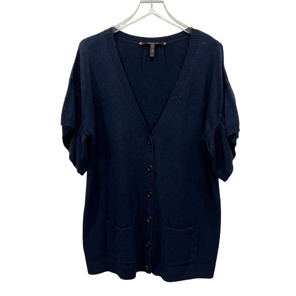 BCBG Max Azria Sz L Lambswool Cardigan Flutter Short Sleeve V-neck Sweater Navy‎